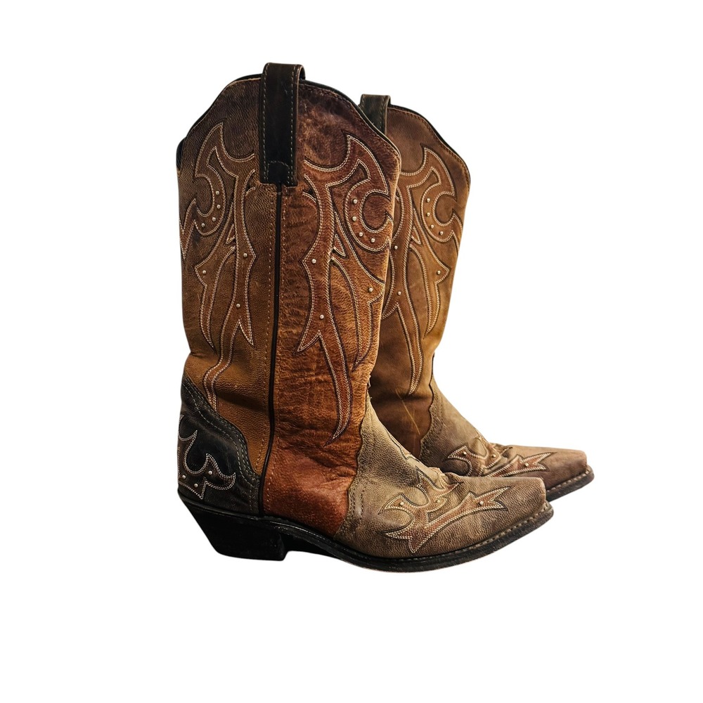 Materson Womens Brown Leather Western Cowboy Boots Snip Toe Studded Size 8.5 M